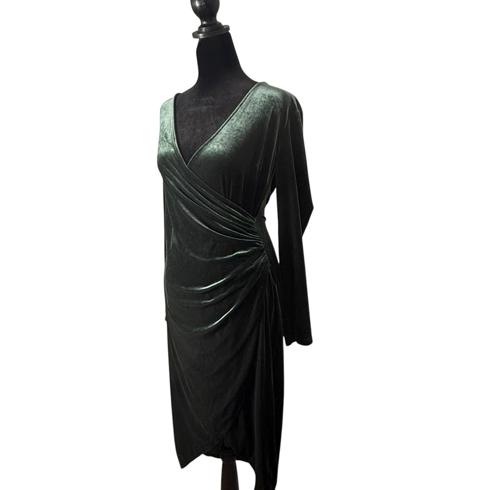 Banana Republic Velvet Wrap Dress Womens XS Green Long Sleeve Stretch Ruched - Picture 2 of 10